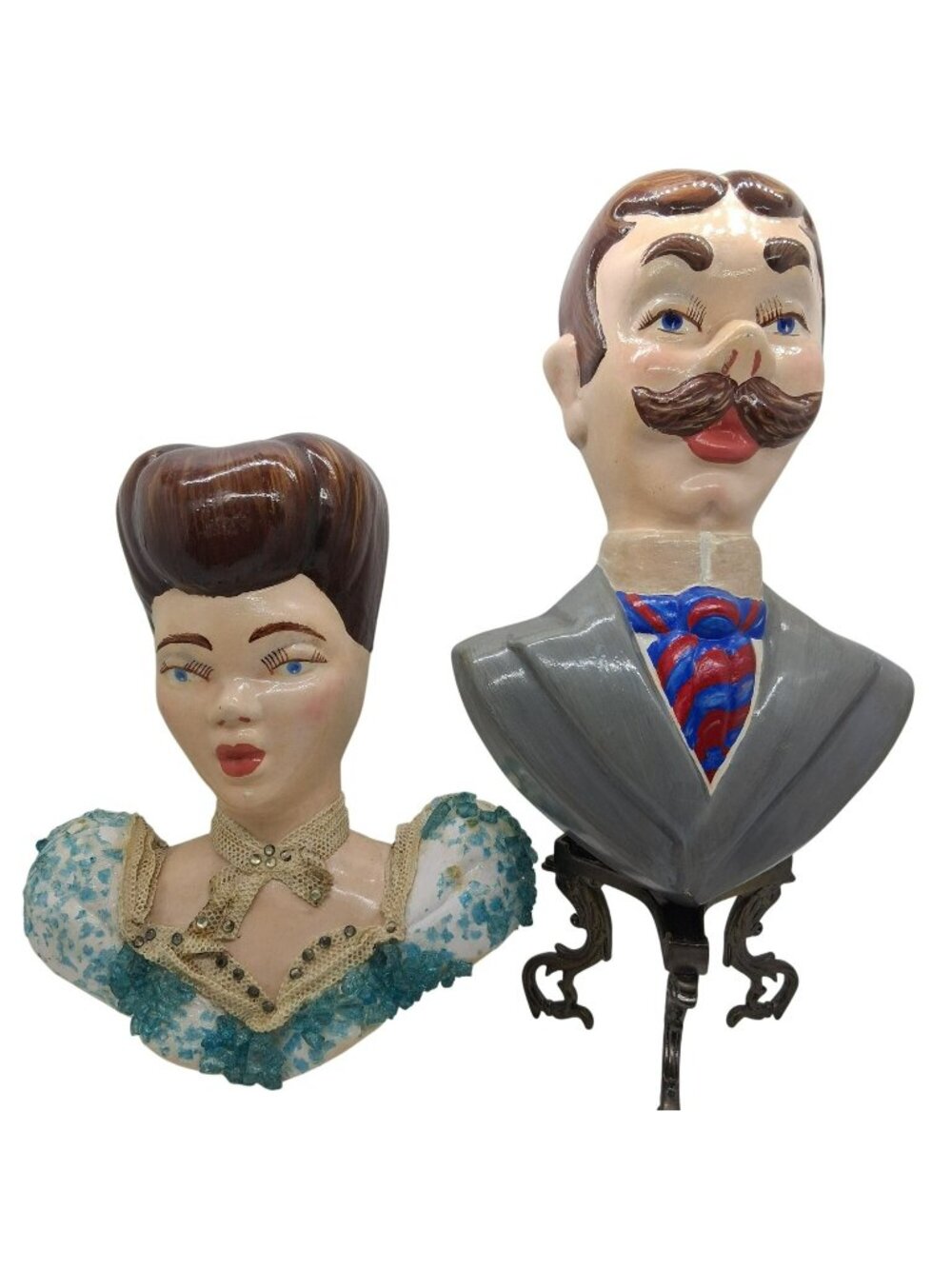 Vintage Hand-Painted Victorian Fancy Couple Ceramic Wall Busts Collectible